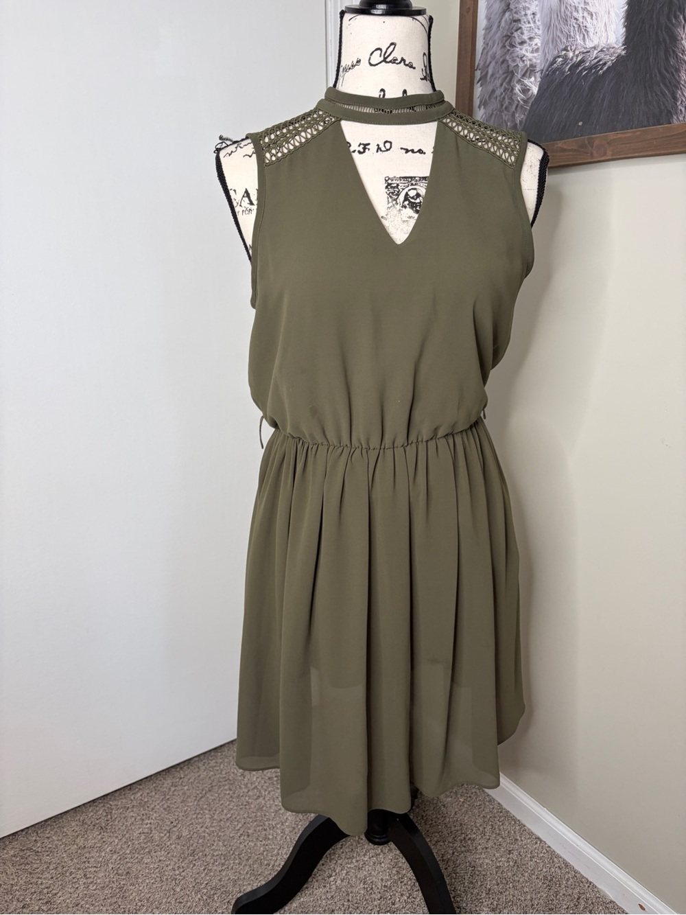 by & by Olive Green Sleeveless Midi Dress with Crochet Yoke